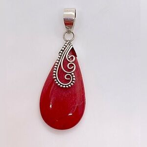 Vtg Sterling & Red Coral Slice Teardrop Filigree Scroll Design Pendant | 1.6”